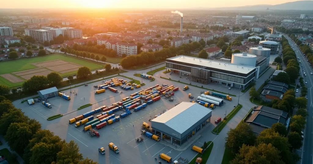 Vista aérea de cidade com estação de triagem e reciclagem integrada ao tecido urbano