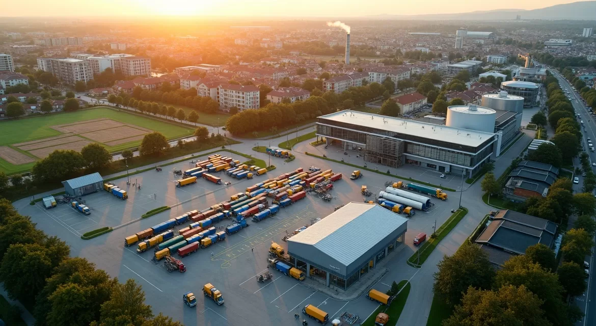 Vista aérea de cidade com estação de triagem e reciclagem integrada ao tecido urbano