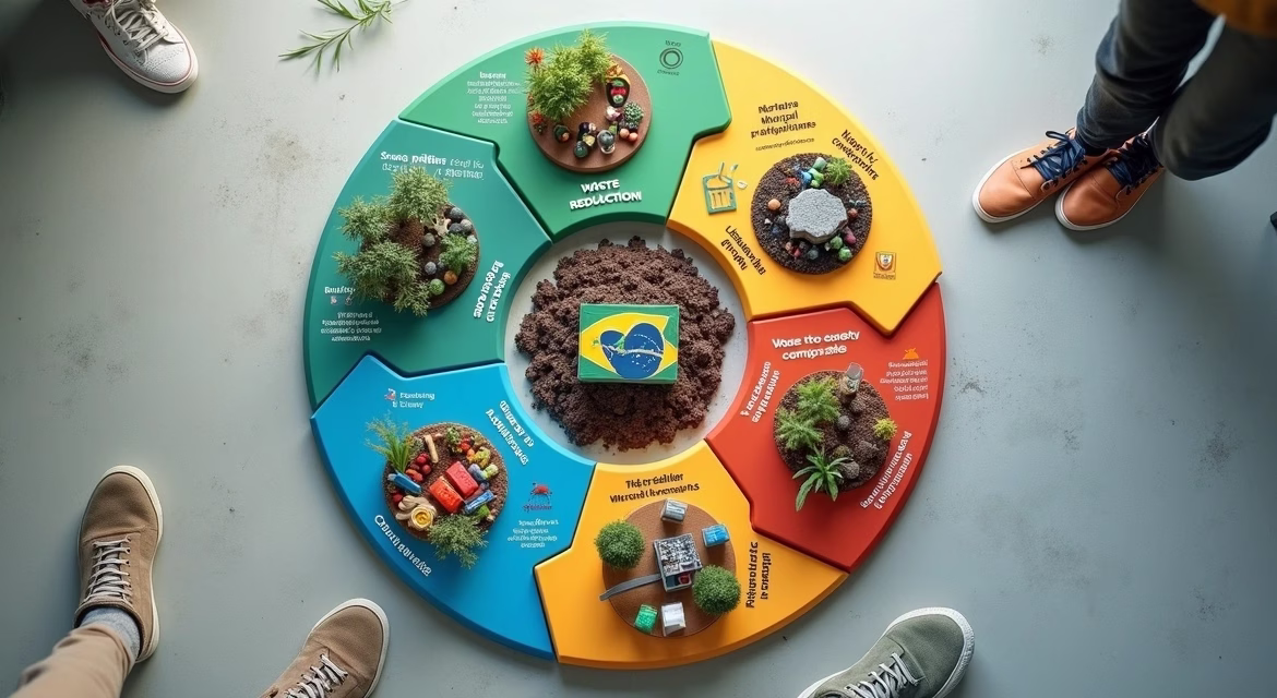 Círculo de etapas de tratamento de resíduos urbanos com ícones em ordem hierárquica